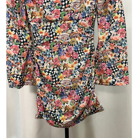 For Love and Lemons June Checkered Mini Dress Sz XS NWT Botanical Mushroom Print - Picture 12 of 14